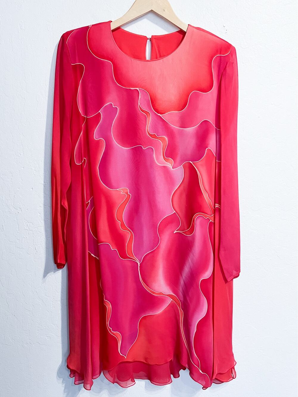 VTG Yolanda Lorente Dress Medium Silk Long Sleeve Red Chiffon Hand Painted Knee